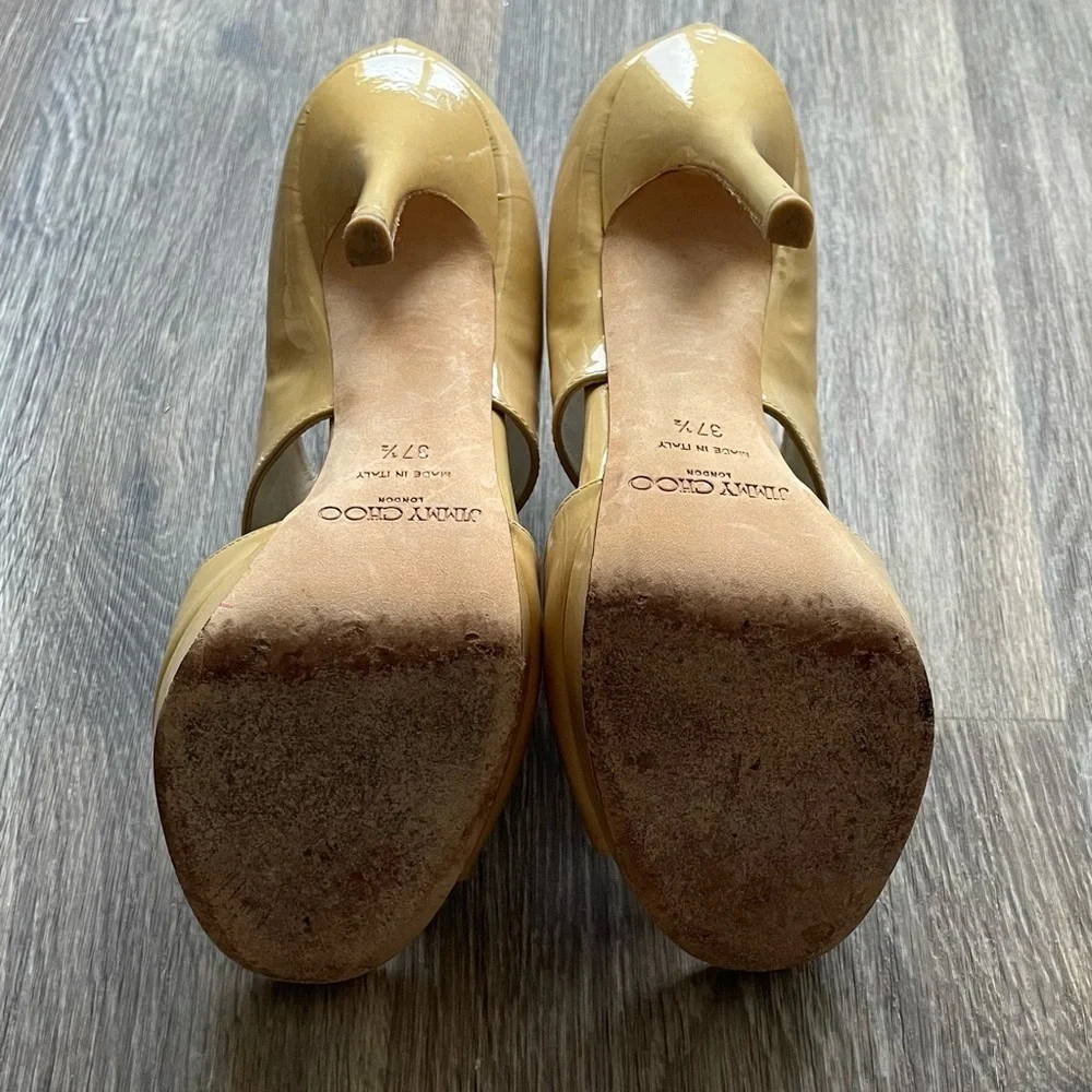 Jimmy Choo Nude Patent Platform Peep Toe Heels Ankle Cuff Stiletto Pumps 37.5